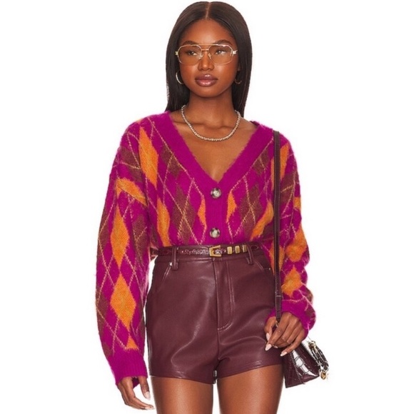 DayDreamer Cardigan Argyle Fuchsia Sunset  Orange - Picture 2 of 9